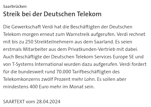 #SKK20240428 #SAARTEXT Die #Gewerkschaft #Verdi hat die Beschäftigten der Deutschen Telekom  morgen erneut zum #Warnstreik aufgerufen. Verdi rechnet mit bis zu 250  Streikteilnehmern aus dem #Saarland | #DeutscheTelekom #Streik #Tarifverhandlungen #Mitarbeiter