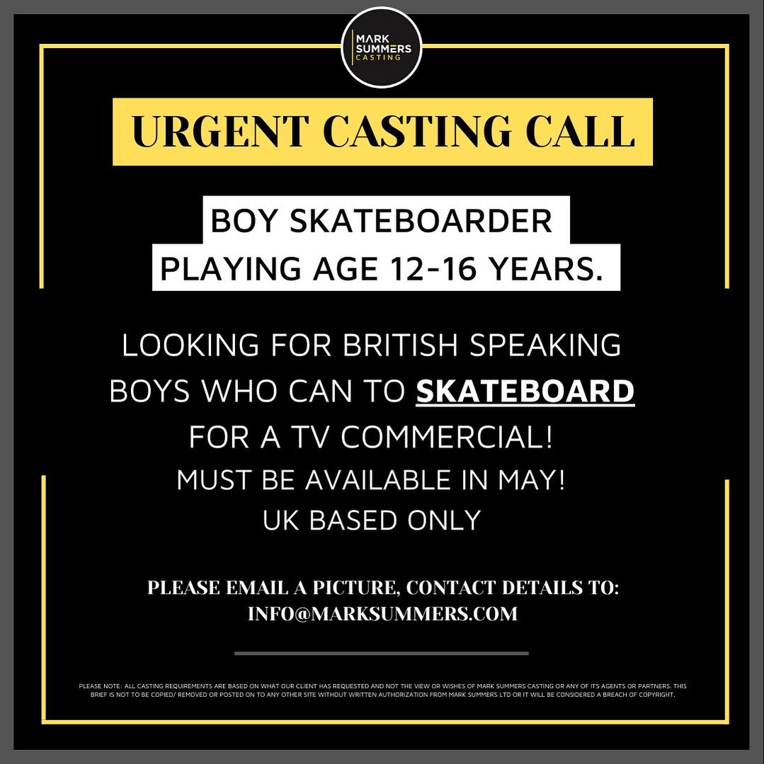 3/ 3 Urgent  weekend  #castingcall kids playing age 12-16 years old that can #skateboarder ! must be UK or EU based good  frees paid to people who book the commercial . #marksummerscasting #castingdirector  Please share