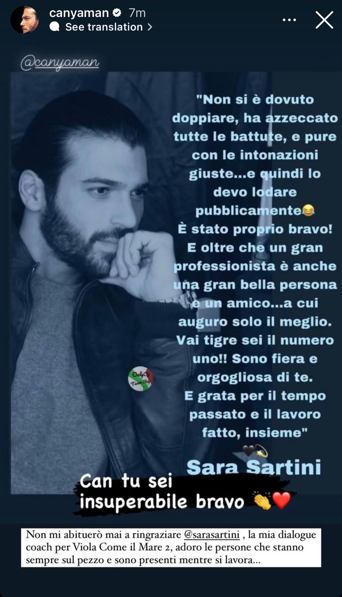 #CanYaman IG Story Sara: It wasn't necessary to do dubbing, he got all the lines right, and with the right intonations too... and therefore I have to praise him publicly. He was really good! And as well as being a great professional, he is also a great person and a friend...to