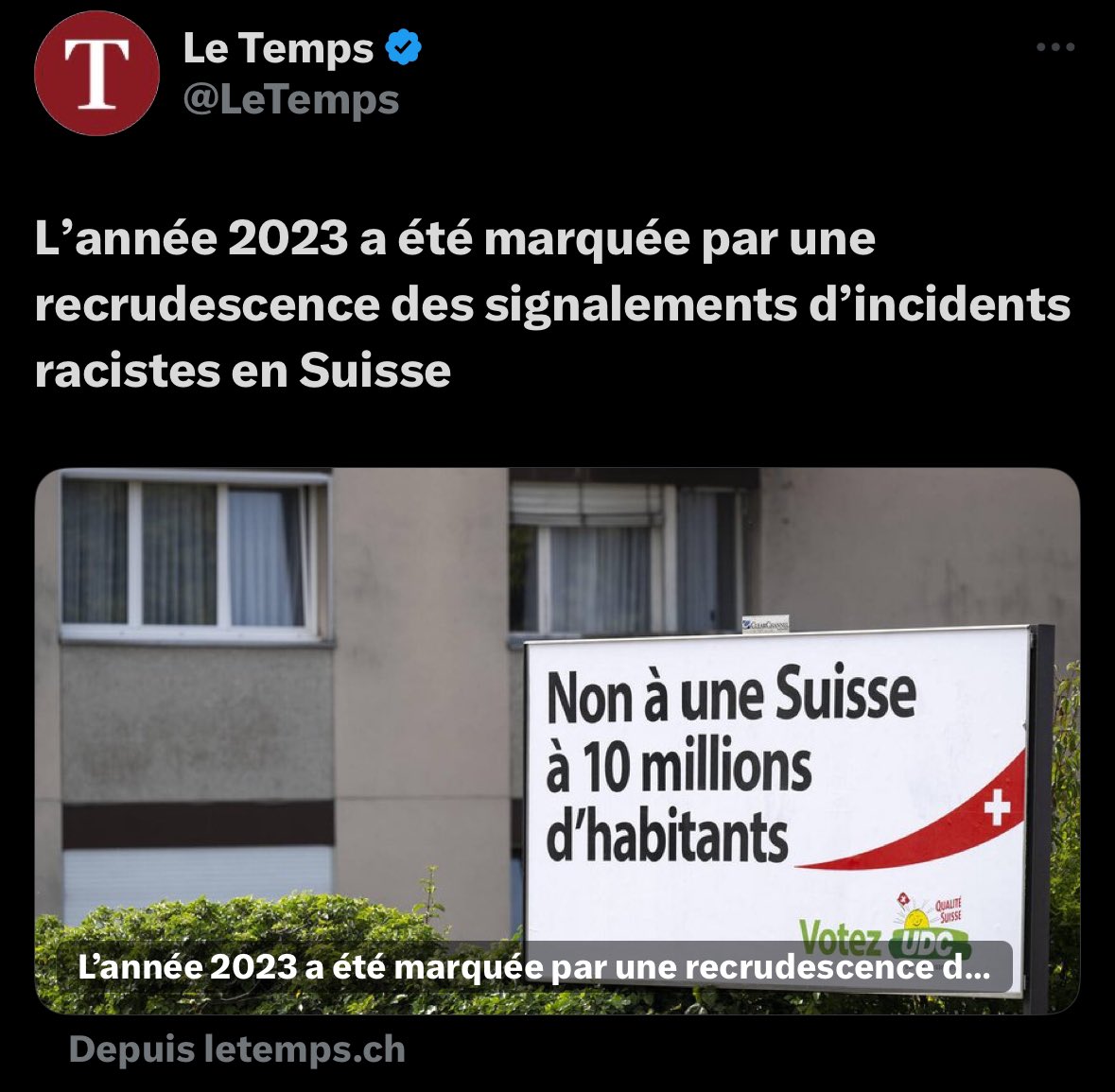 Pourquoi @LeTemps met-il une image d'illustration sur l'affiche concernant l'initiative sur la durabilité de l'@UDCch en la reliant à des signalements d'incidents racistes en #Suisse ? Vous sous-entendez donc indirectement que l'#UDC est raciste ? C'est totalement inadmissible !