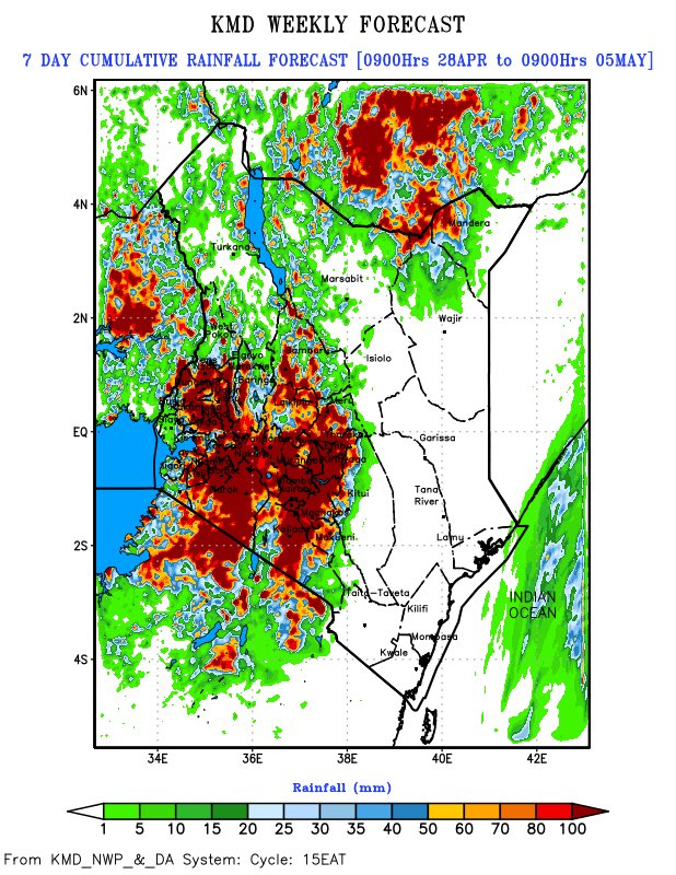 @MeteoKenya  UPDATE: Residents of Nairobi and its environs, Larger Mt Kenya Region, Machakos and Kajiado, should brace themselves for heavy Down pour later in the day #StayVigilant and plan accordingly Share widely to get the message across #KenyaFloods #NairobiFloods