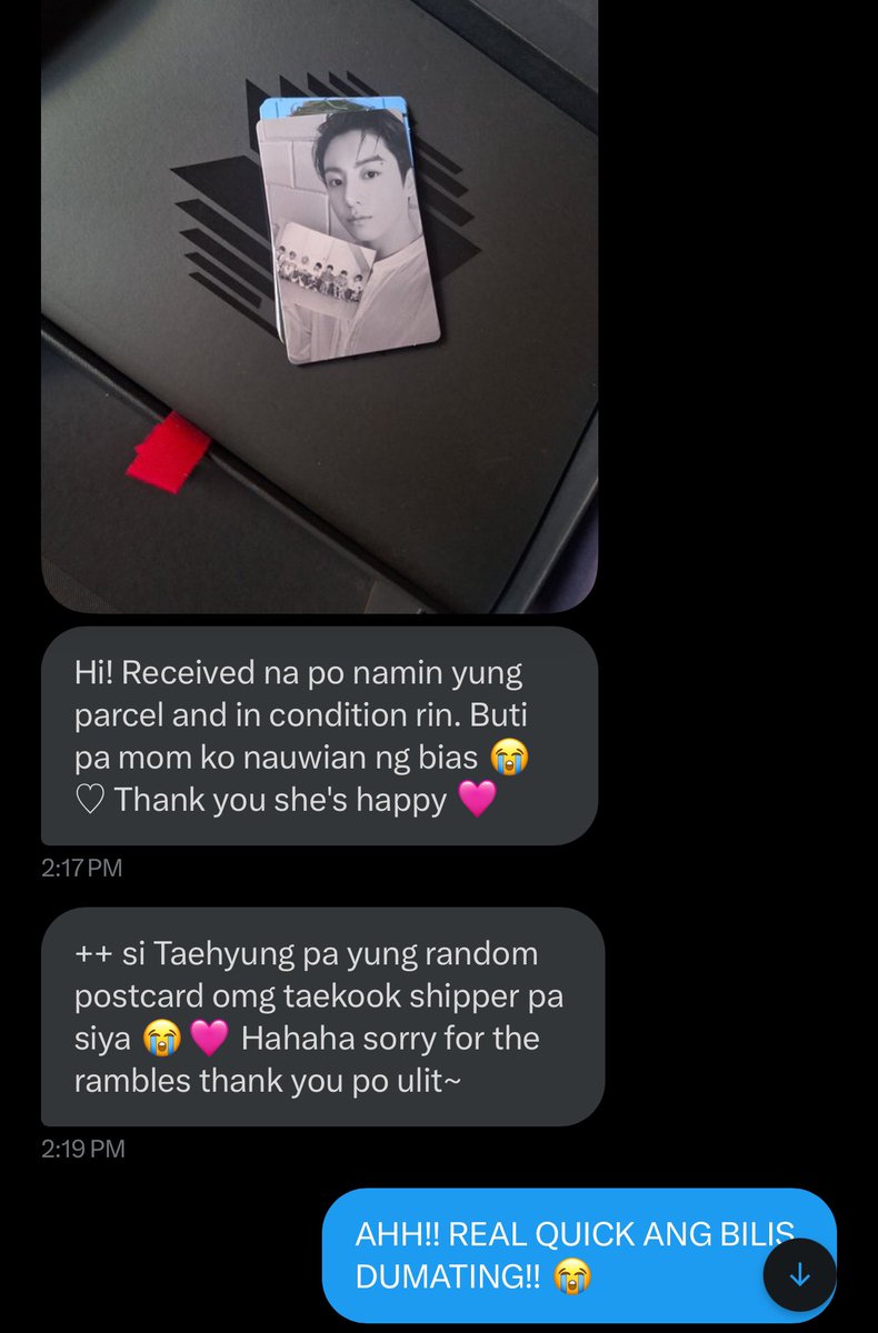 CylixBns's tweet photo. Shipped yesterday, received today! real quick jungkook ah! Thank you so much for trusting us! 🥰🩷
#CylixBnsProof #CylixBnsBudols https://t.co/5vmqpFTCB2