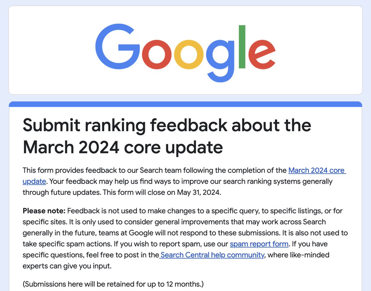 Most SEOs did not submit feedback to Google using its March 2024 core update feedback form - not surprised by this... seroundtable.com/google-core-up…