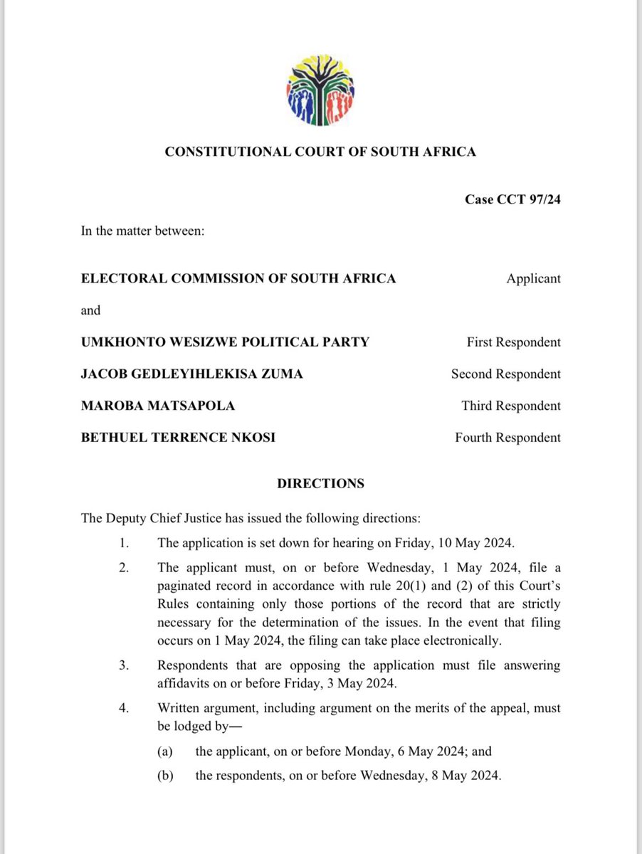 The IEC vs MK Party appeal will be heard by the Constitutional Court on 10 May 2024, just over 2 weeks before the election. The Court will likely give an order, with reasons to follow later.