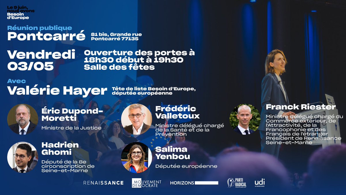 Vendredi 3 mai prochain, nous aurons le plaisir d’accueillir notre candidate @ValerieHayer en Seine-et-Marne, à Pontcarré, sur la circonscription d’@HadrienGhomi ! Notre Garde des Sceaux @E_DupondM nous fera également l’honneur de sa présence. Venez nombreux pour la France et…