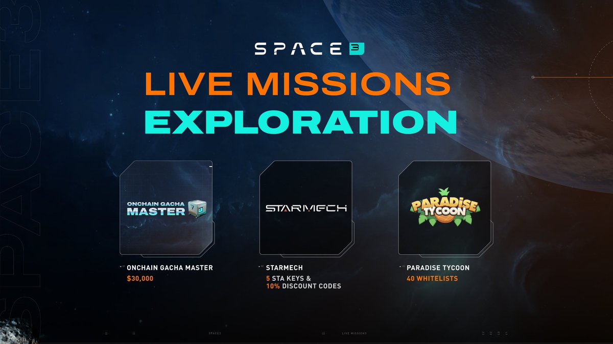 Space3_gg's tweet photo. Check out all the action happening live on Space3 👇  

@Space3_gg Onchain Gacha Master  
🎁 Reward: 30,000U    

Spin with @playSIPHER, @nyanheroes, @WilderWorld, @blastroyale, @ZeeverseGame, @MinesOfDalarnia, @PlayLoveMonster, @blade_rite, @aavegotchi, @PirateBattle_, @ChainCrisis, @xocietyofficial and @NakameSocial.  

@StarMech_io 
🎁 Reward: 5 STA Keys and 10% Discount Codes    

@ParadiseTycoon 
🎁 Reward: 40 Whitelists  

📌 Details: https://t.co/ffFFbYX0l1