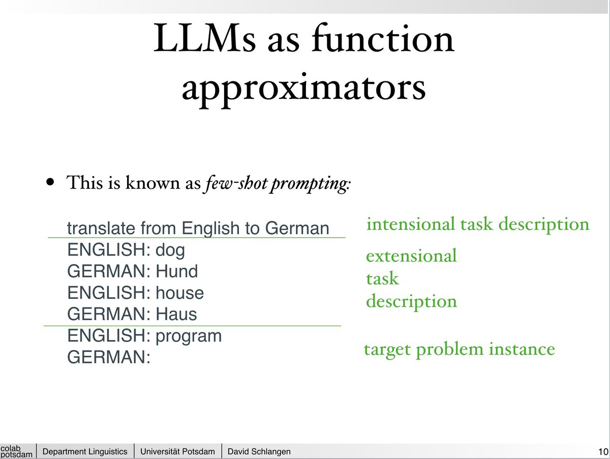 Another class I'm teaching this semester is 'Programming w/ LLMs'. This sidesteps the whole chatbot / assistant / 'an AI' theme and looks at LLMs as function approximators -- where, weirdly, the function needs to be 'found' first. (Yes, DSPy will feature heavily.)