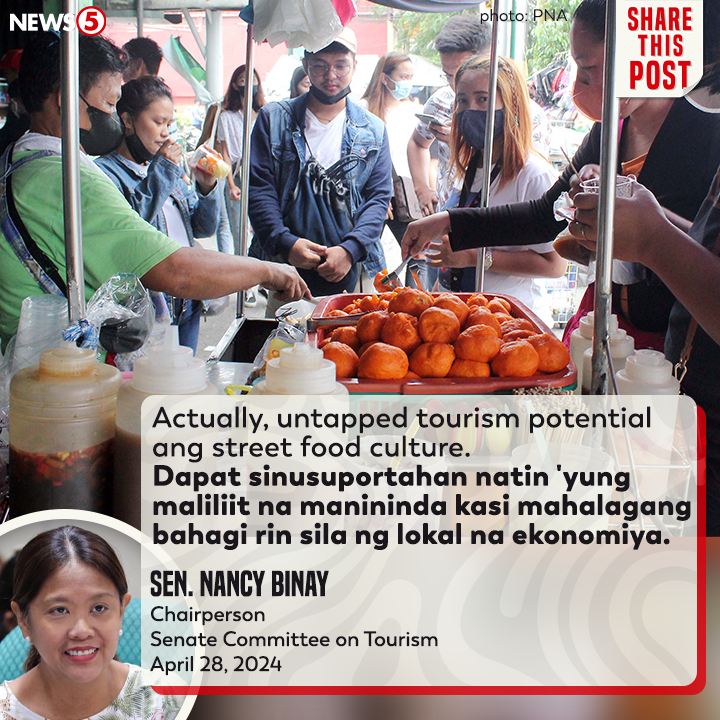 TV5NewsPH's tweet photo. Idiniin ni Senate Tourism Committee Chairperson Sen. #NancyBinay ang kahalagahan ng Pinoy street food bilang culinary experience upang mapayabong ang turismo. #News5 https://t.co/fcSdg4u59P