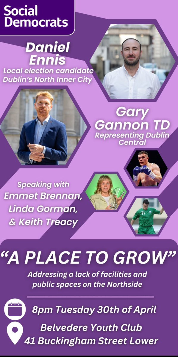 On Tuesday evening- We have a Hall Of Famer; We have an Olympian, and we have an Irish International all coming together to discuss the need for more sporting facilities in the North Inner City. 

Hope you can join @DanielEnnis2024 and myself in @BelvoBYC . 💜 

@SocDemsDubCen