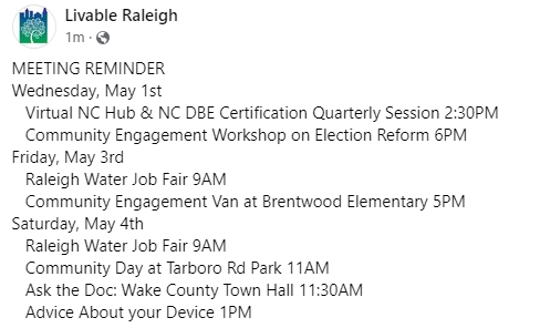 Meeting Reminder
#RalPol @WakeDemWomen @Wake_YD @wcbscnc @WRAL @WNCN @ABC11_WTVD @SpecNews1RDU 

Details: livableraleigh.com/calendar-full/