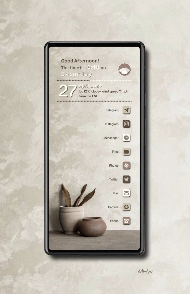 A minimal theme today:
Plant Pots…
KLWP Pro preset, three screens
Nova Launcher #WithNova
Wall from Pinterest, credit to the creator
Minimal Weather komp by me
KLWP Theme: bit.ly/49TUCp3