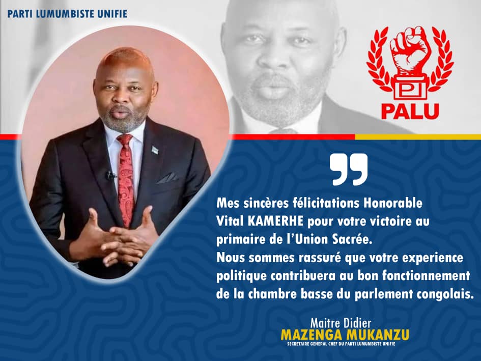 Le Parti Lumumbiste Unifié,comme parti de histoire soutien a 100% son ticket de l'espoir,le choix des élus <a href="/VitalKamerhe1/">Vital Kamerhe</a> , avec lui, c'est la démocratie dans le vrai sens du mot.
<a href="/BillyKambale1/">Billy Kambale</a> 
<a href="/central_sage/">ᏟᎬᏁᎢᏒᎪᏞ👑🇨🇩</a> 
<a href="/rtncofficielle1/">RTNC.CD</a>