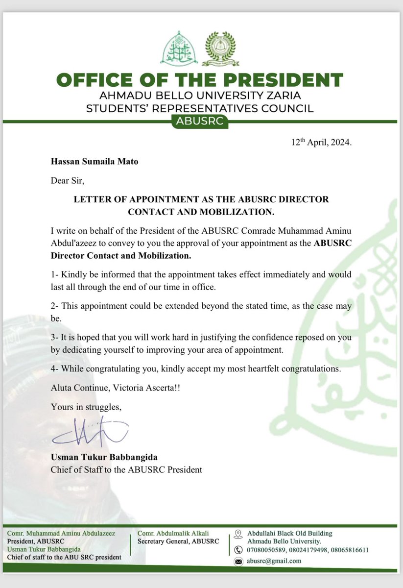 Thank you #ABUSRC for appointing me as Director of Contact and Mobilization for the ABU Students’ Representatives Council. 
I'm thrilled to accept this role and work with you and the council to drive positive change and enhance students’ welfarism.
 #Abusite #cryptocurrencies