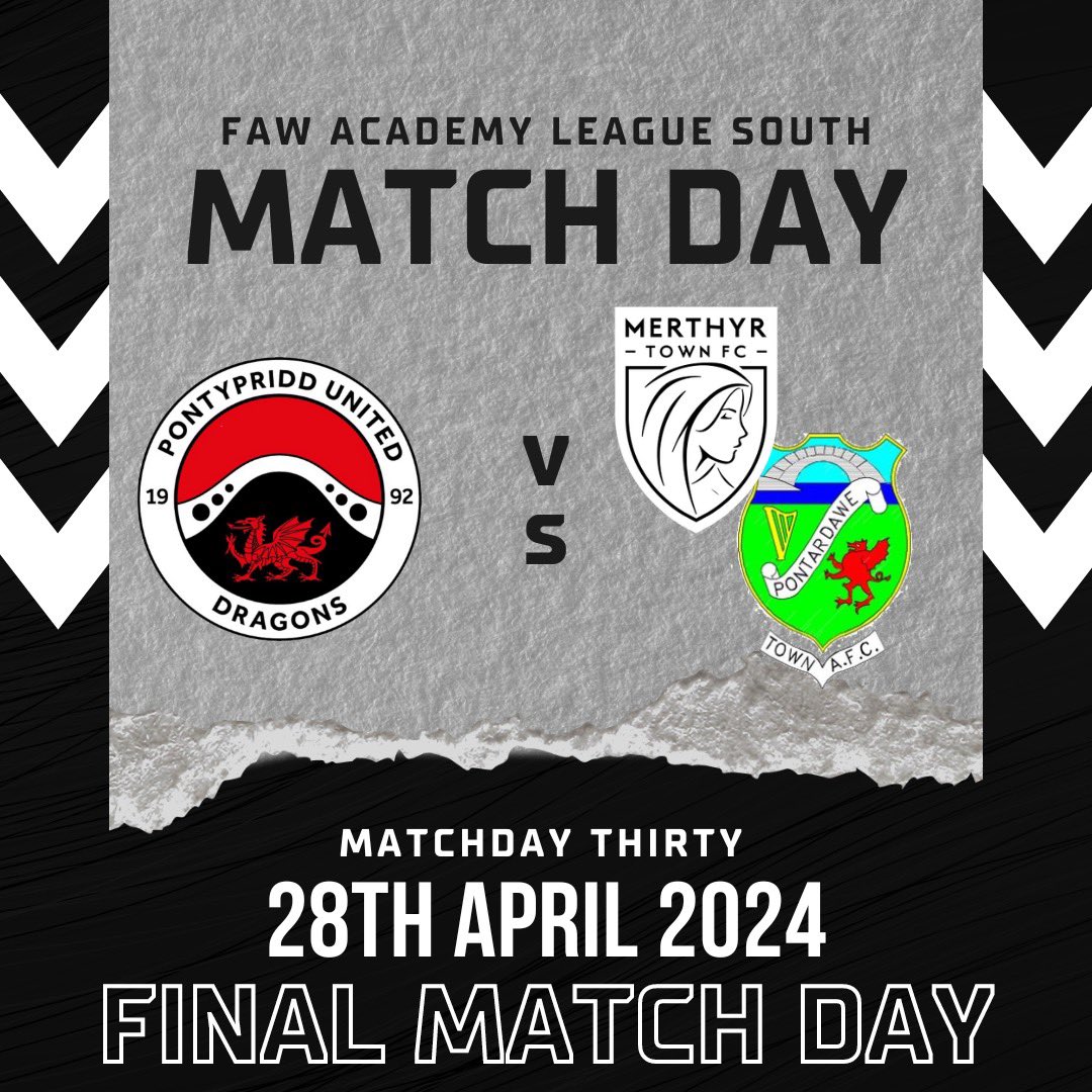 🐉 𝗠𝗔𝗧𝗖𝗛𝗗𝗔𝗬 𝗧𝗛𝗜𝗥𝗧𝗬 The final matchday of 2023/2024 season is upon us. Our 12s welcome @MerthyrAcademy to @USWSport Park while our 13s & 14s welcome @pontyacademyfc While our 15s & 16s travel to Pentrehafod to vs @pontyacademyfc #OneClub #WeAreUnited