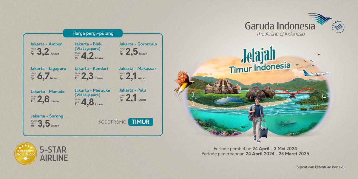 Jelajahi Timur Indonesia bersama Garuda Indonesia! Dapatkan promo ekslusif untuk liburan Anda dan keluarga. Beli tiket sekarang hingga 3 Mei 2024 di garuda-indonesia.com atau aplikasi FlyGaruda Info lengkap: garuda-indonesia.com/id/id/special-… #GarudaIndonesia #BecauseYouMatter