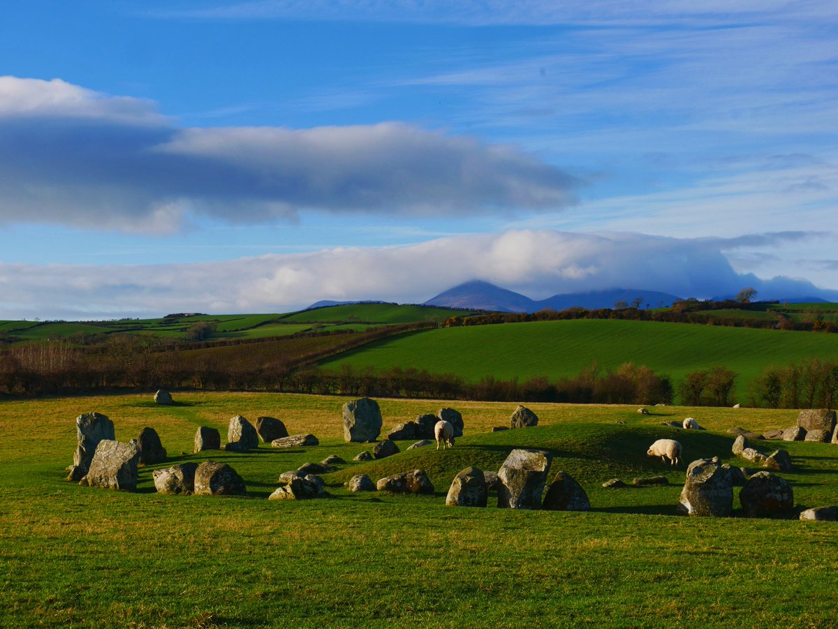 #StandingStoneSunday with the gorgeous Ballynoe Stone Circle, NI
& framed beautifully in the distance by the Mourne Mountains
