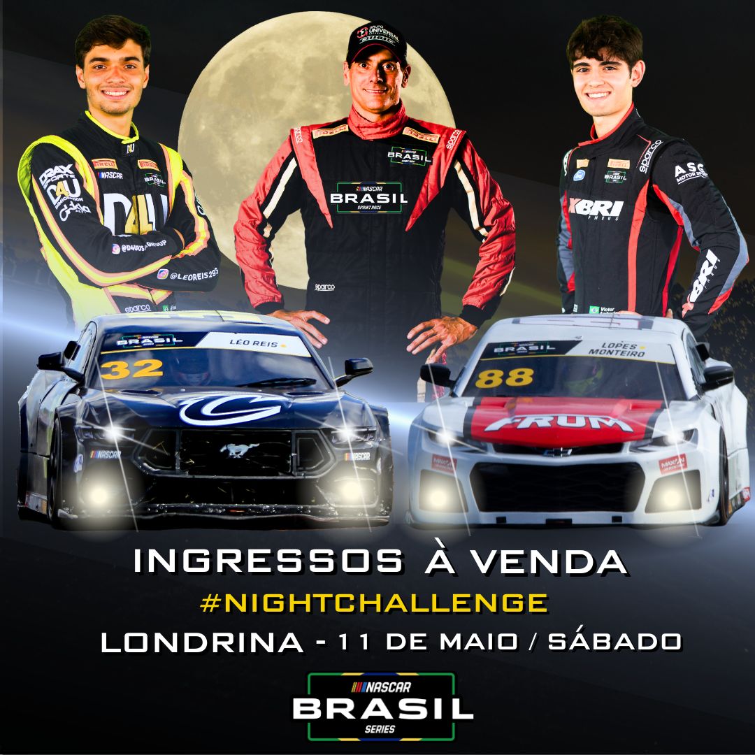 NASCARBrasil's tweet image. *Post, 28/04* – É no sábado, 11 de maio: #NightChallenge 🌙 2024.

📍| @autodromodelondrina | Londrina/PR

🏁 | CORRIDA 1: 14h00
🏁 | CORRIDA 2: 17h30

Garanta o seu ingresso.

diskingressos.com.br/event/6939