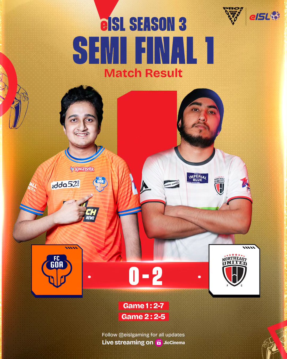 Charanjot Singh (NEUFC) into the finals with a comprehensive victory over Emaad Jameel Ahmed (FCG); to face either of Saransh Jain (EBFC) and Siddh Chandarana (MCFC).

[Via eISL Gaming IG]

#eISL #eISLSeason3 #EAFC #EAFC24