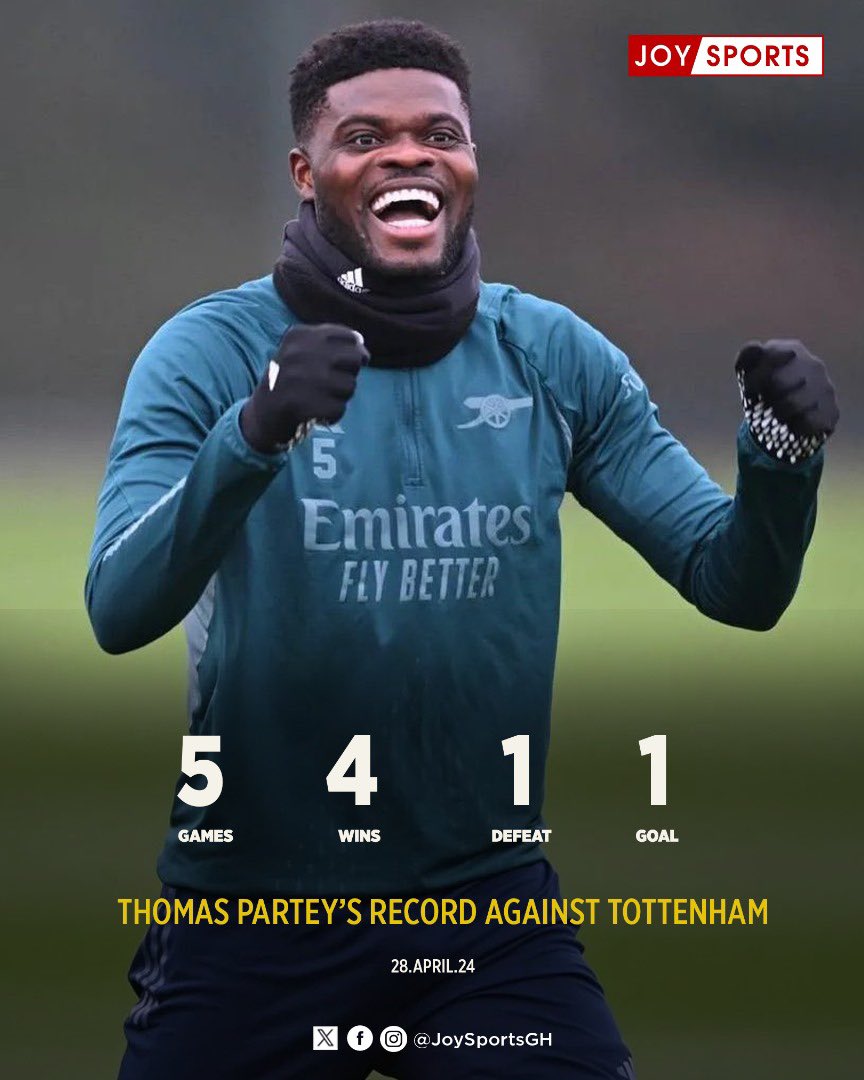 🇬🇭 In his pre-match interview, Mikel Arteta says Arsenal will be counting on Thomas Partey’s experience against Tottenham. Partey’s record in the North London derby is decent. How key will he be today? #JoySports