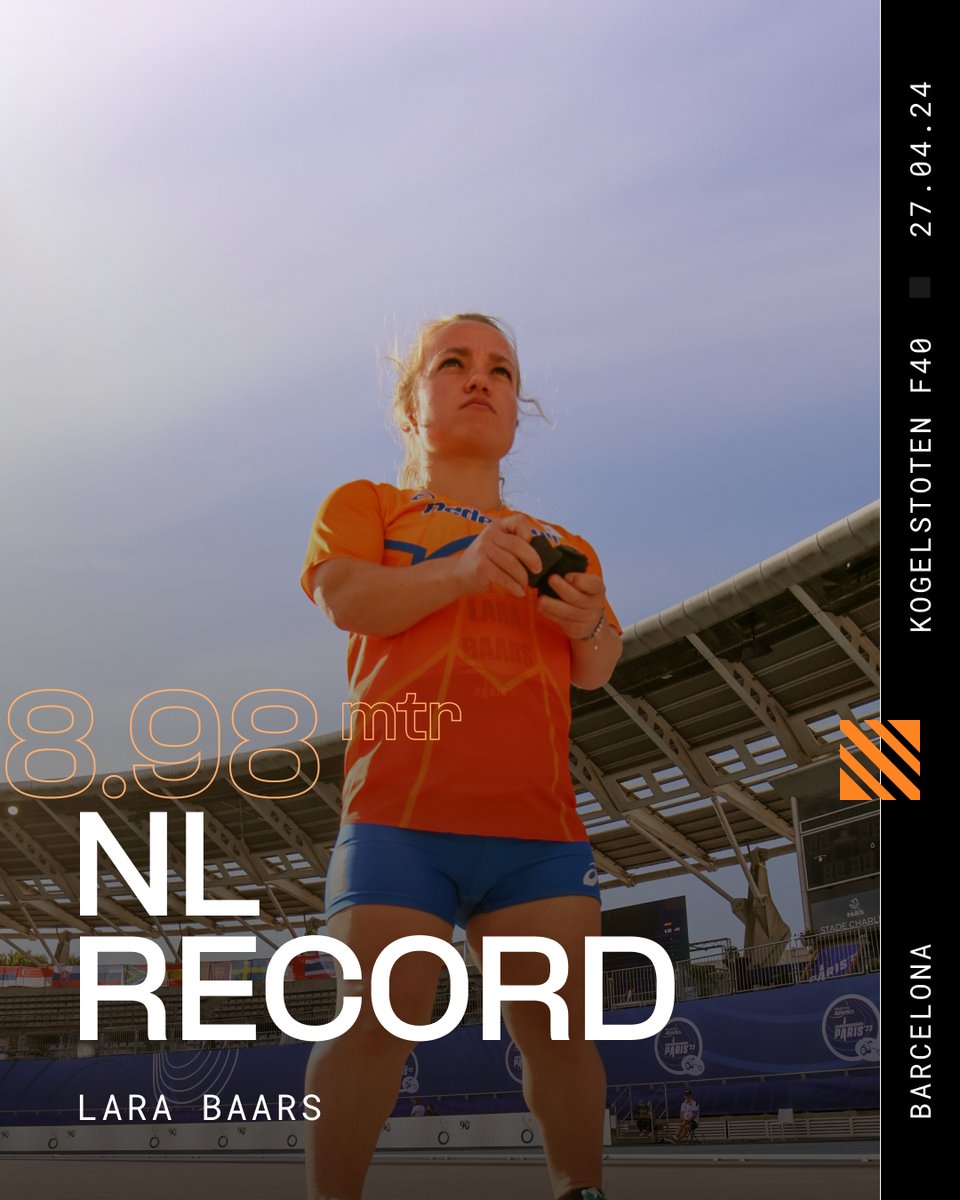 Wat een seizoensopener! 💥 Lara Baars stoot in haar eerste wedstrijd van het outdoorseizoen een Nederlands record op het kogelstoten F40. 💪