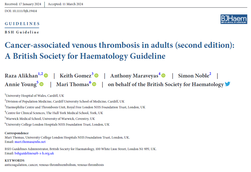 Congratulations to @BritSocHaem for their excellent new #CAT guidelines. Very practical, well-referenced. Check them out at pubmed.ncbi.nlm.nih.gov/38664942/ @onc_ce @aakonc @connors_md @TzufeiWang @MarcCarrier1 @DrRohitMoudgil