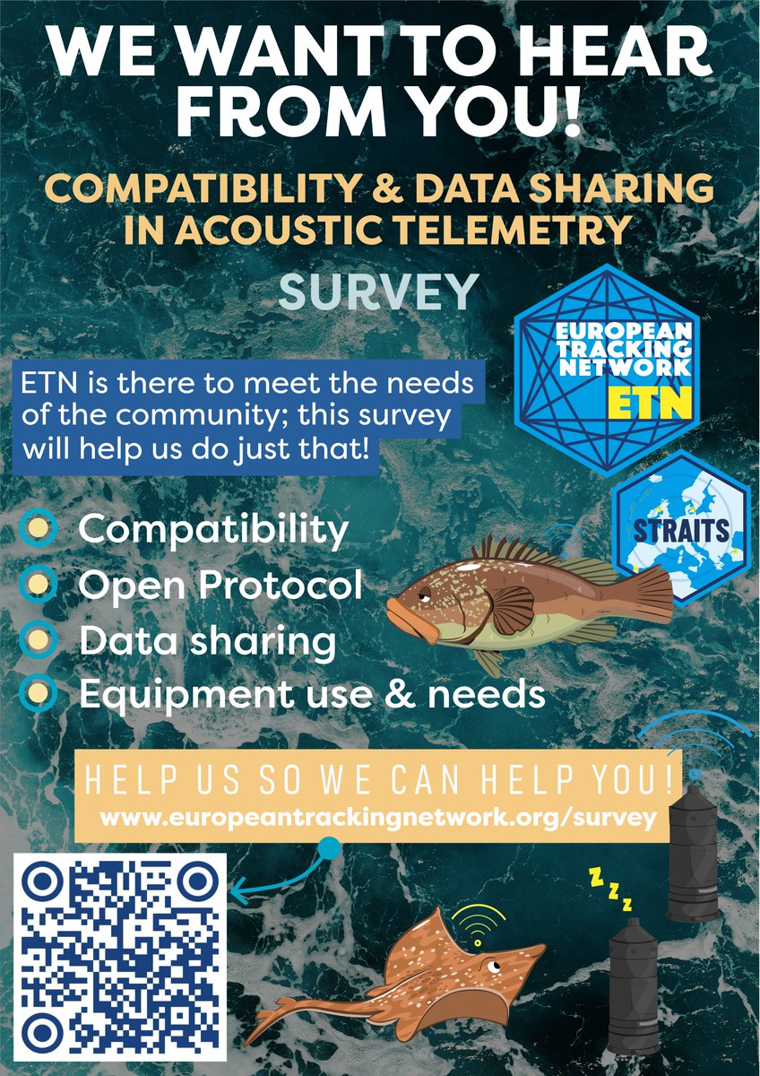 📢📢 ETN wants to hear from you!! Please fill out our survey on compatibility & data sharing perspectives for acoustic telemetry users - from all over the globe (completely anonymous)! 🐟🦈 Help us so we can help you! 🤗 SHARE WIDELY! 💪👇 forms.gle/zXZRUTpeQxW5vj…