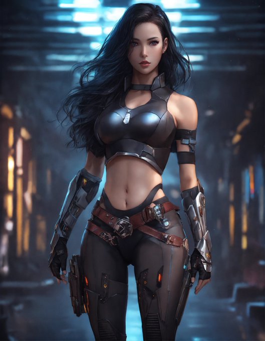 Full body photo, powerful woman, pretty face, long dark hair, tight yoga pants, corsage, cyborg armor