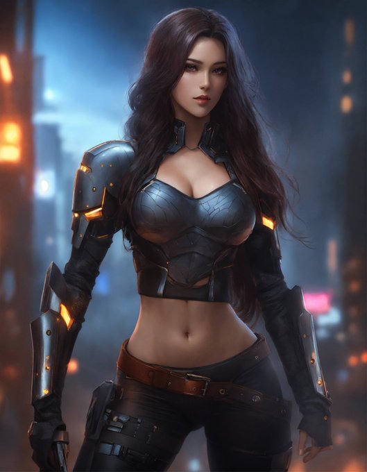 Full body photo, powerful woman, pretty face, long dark hair, tight yoga pants, corsage, cyborg armor