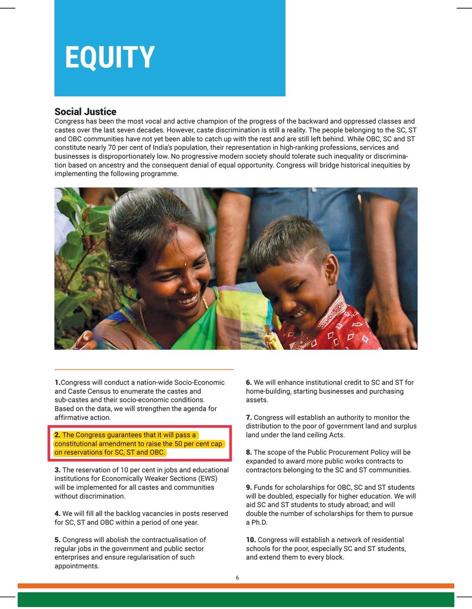 ✅ 4. 50% Cap on Reservation

📃 #CongressManifesto: Constitutional amendment to raise 50% cap on #reservations.

📢 #CasteCentre: It will ensure #ProportionalRepresentation of the #marginalized communities, and will help implement the constitutional meaning of #equality.