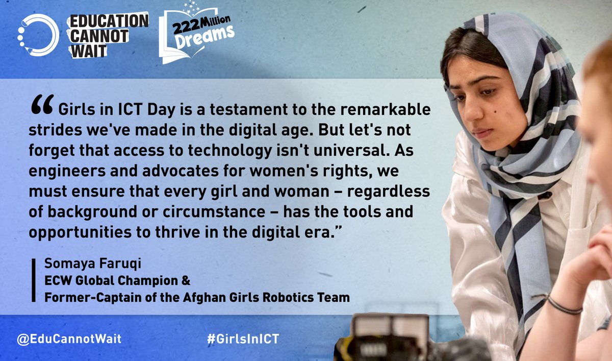 '#GirlsInICT Day is a testament to the remarkable strides we've made in the digital age. As engineers & advocates for #WomenRights, we must ensure that every girl and woman has the tools + opportunities to thrive in the digital era.' ~#ECW Global Champion, @FaruqiSomaya