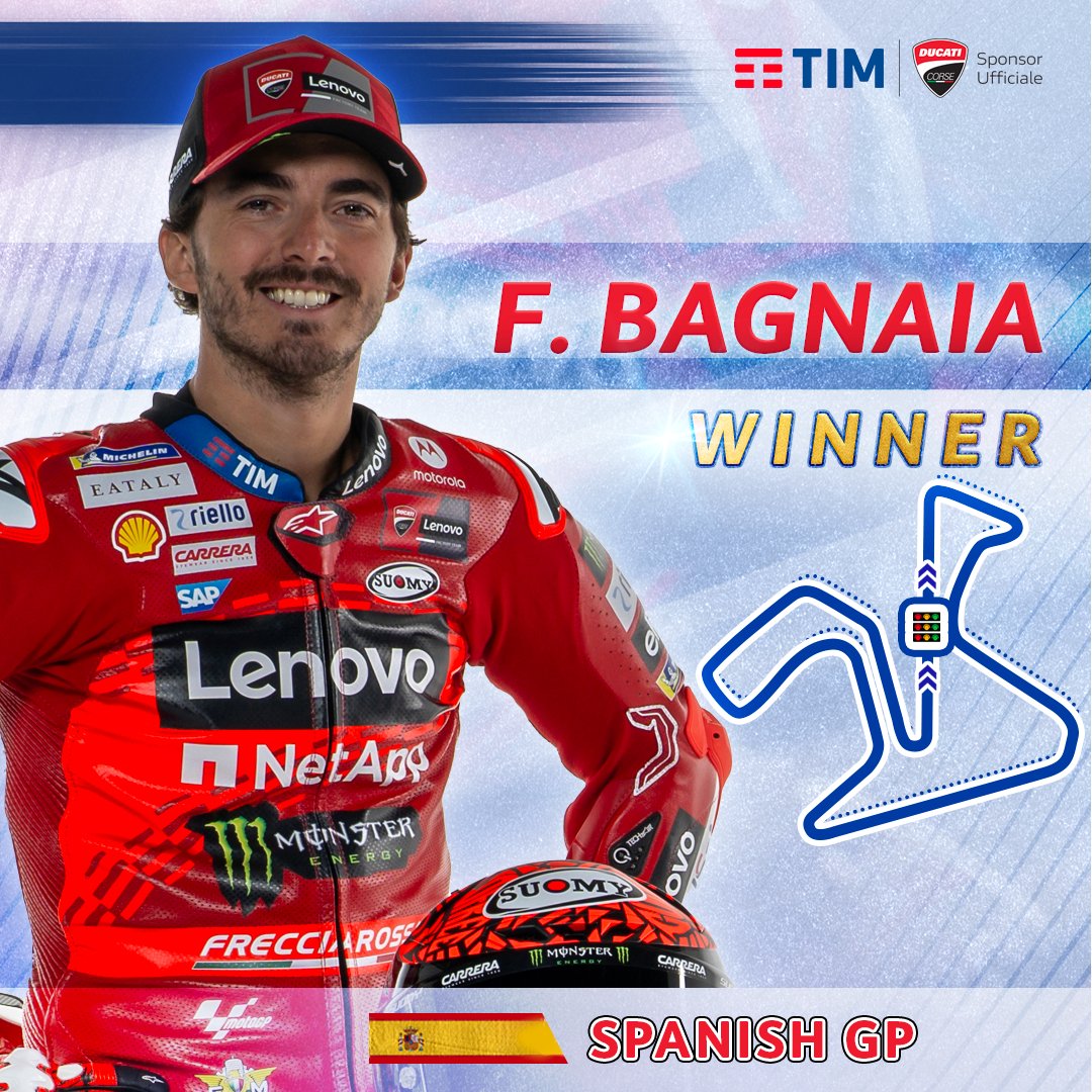 👉 BAGNAIA PAZZESCO! 👈 Al #DucatiLenovoTeam il gradino più alto del podio del #MotoGP di Spagna. 🏆 #ForzaDucati! @ducaticorse #LaForzaDelleConnessioni #SpanishGP