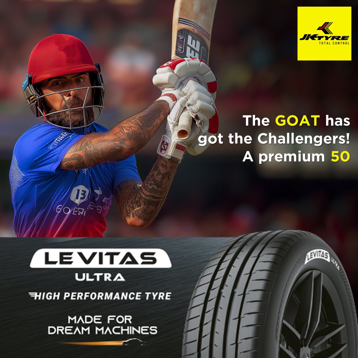 Chase master premiumly doing what he does best! Switch to this #Levitas Ultra Tyre, from JK Tyre, made for dream machines, and experience premium-quality tyres and luxury-class rides. #JKTyre #IndianT20League #Gujarat #Bengaluru