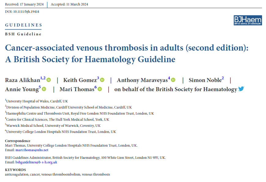 Congratulations to <a href="/BritSocHaem/">BSH - Haematology</a> for their excellent new #CAT guidelines. Very practical, well-referenced. Check them out at pubmed.ncbi.nlm.nih.gov/38664942/
<a href="/cardiomet_ce/">cardio-met</a> <a href="/aakonc/">Alok Khorana, MD</a> @connors_md <a href="/TzufeiWang/">Tzu-Fei Wang</a>
<a href="/MarcCarrier1/">Marc Carrier</a> <a href="/DrRohitMoudgil/">Rohit Moudgil MD PhD</a>