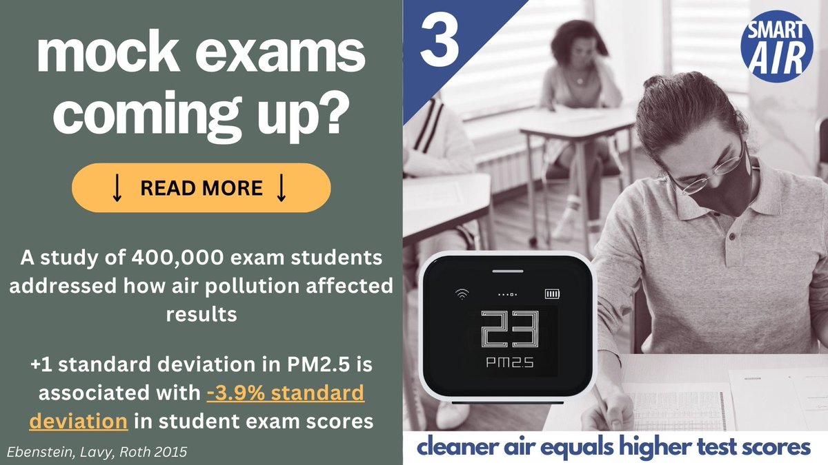 Exam Tip 3: Invest in #CleanAir Exposure to pollution during exams impacts student performance, and can also lead to significant declines future earnings. Imagine single day exams with random PM2.5 spikes! Air cleaners offer more control over indoor air quality