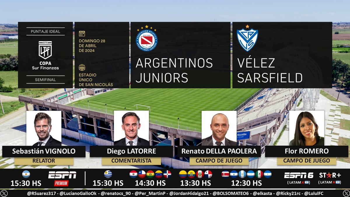 ⚽ #CopaDeLaLiga 🇦🇷 | #Argentinos vs. #Vélez 🎙 Relator: @PolloVignolo 🎙 Comentarista: @dflatorre 🎙 Campo de juego: Renato Della Paolera y @florjuy_ 📺 #ESPNPremium 🇦🇷 📺 #ESPN6 Latinoamérica (❌🇦🇷) 💻📱 @StarPlusLA Latam (❌🇦🇷) 🤳 #LPFxESPN - #ESPNenStarPlus Dale RT 🔃