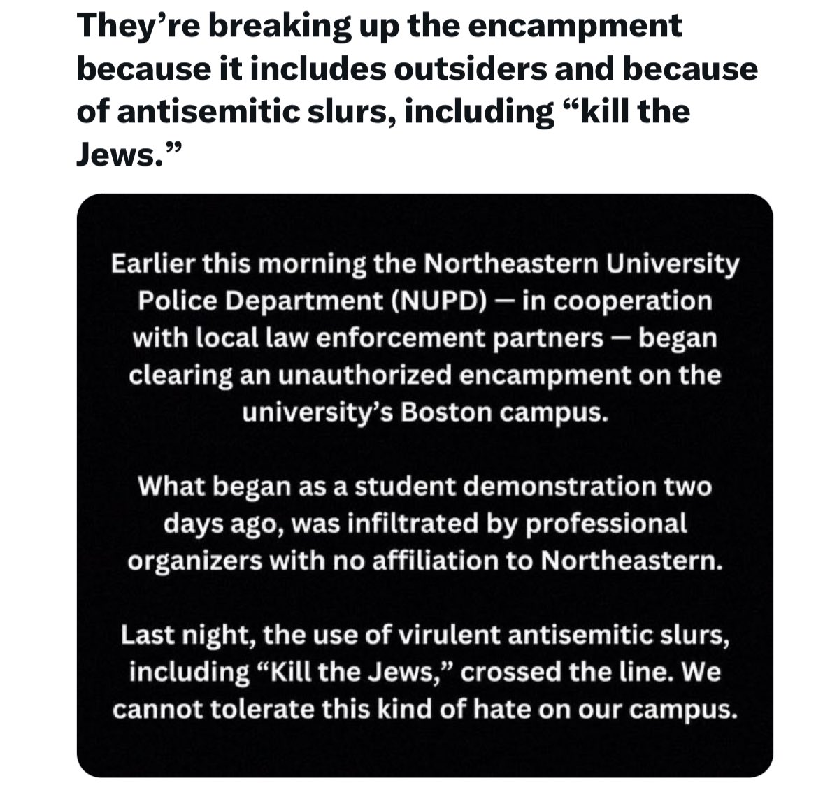 TY @Northeastern for supporting the right of #Jewish and all students to a welcoming, inclusive learning environment. 🙏 Reasonable time, place, manner regulations and policies for protests must be enforced—to protect free expression & the university mission! #LeadershipMatters