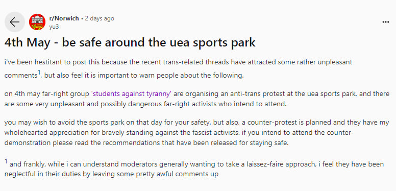 Of course lefties want to omit that the REASON I've called this protest is because a woman was greeted by the sight of a naked man TWICE, with the Sportspark refusing to do anything as it would be 'DISCRIMINATORY TO QUESTION THEM.'

4th May. Be there. Keep female spaces female.