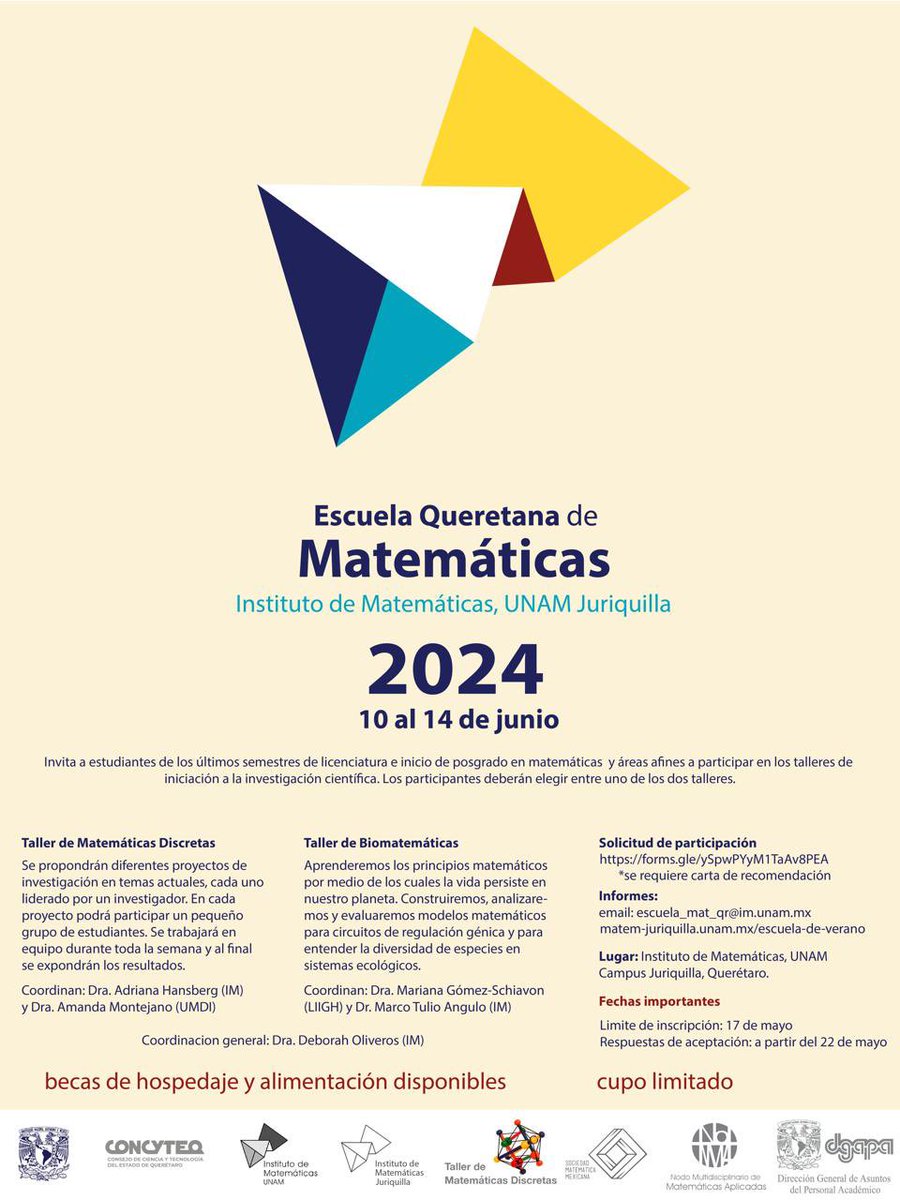 Ya está abierta la convocatoria del #TallerDeMatemáticasDiscretasEnJuriquilla ¡Es un evento que nos ha traído siempre grandes experiencias! 😍 Este año compartimos la organización con un #TallerDeBiomatemátcas que se ve interesantísimo 😃 ¡Vengan! Y ayúdenme a compartir 🙏🏻🙏🏻