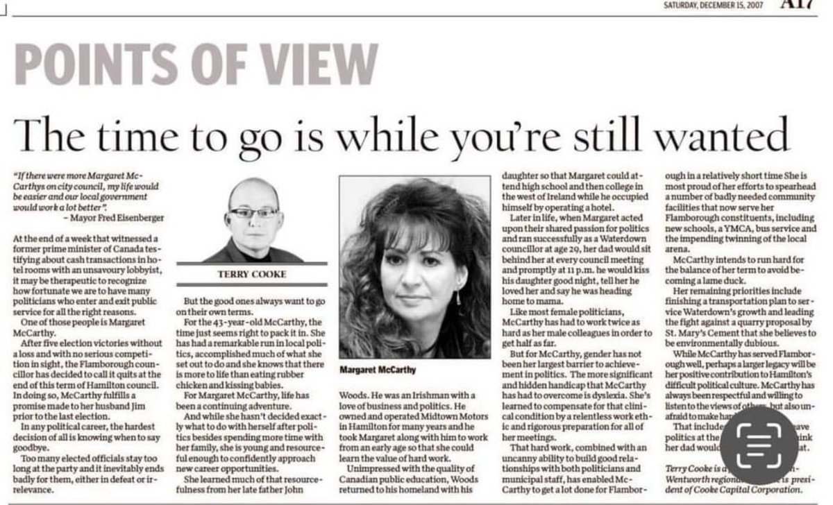 This old Spec column of mine remains timely. A tribute to the late Flamborough Councillor Margaret McCarthy. And a lament that too many politicians fail to leave the party before their shelf life has expired! #HamOnt @TheSpec