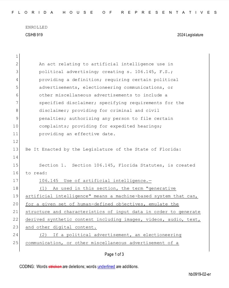 🚨BREAKING: Florida governor @RonDeSantis approves Bill regulating the use of AI in political advertising. Quotes: ➡️'If a political advertisement (...) contains images, video, audio, graphics, or other digital content created in whole or in part with the use of generative…