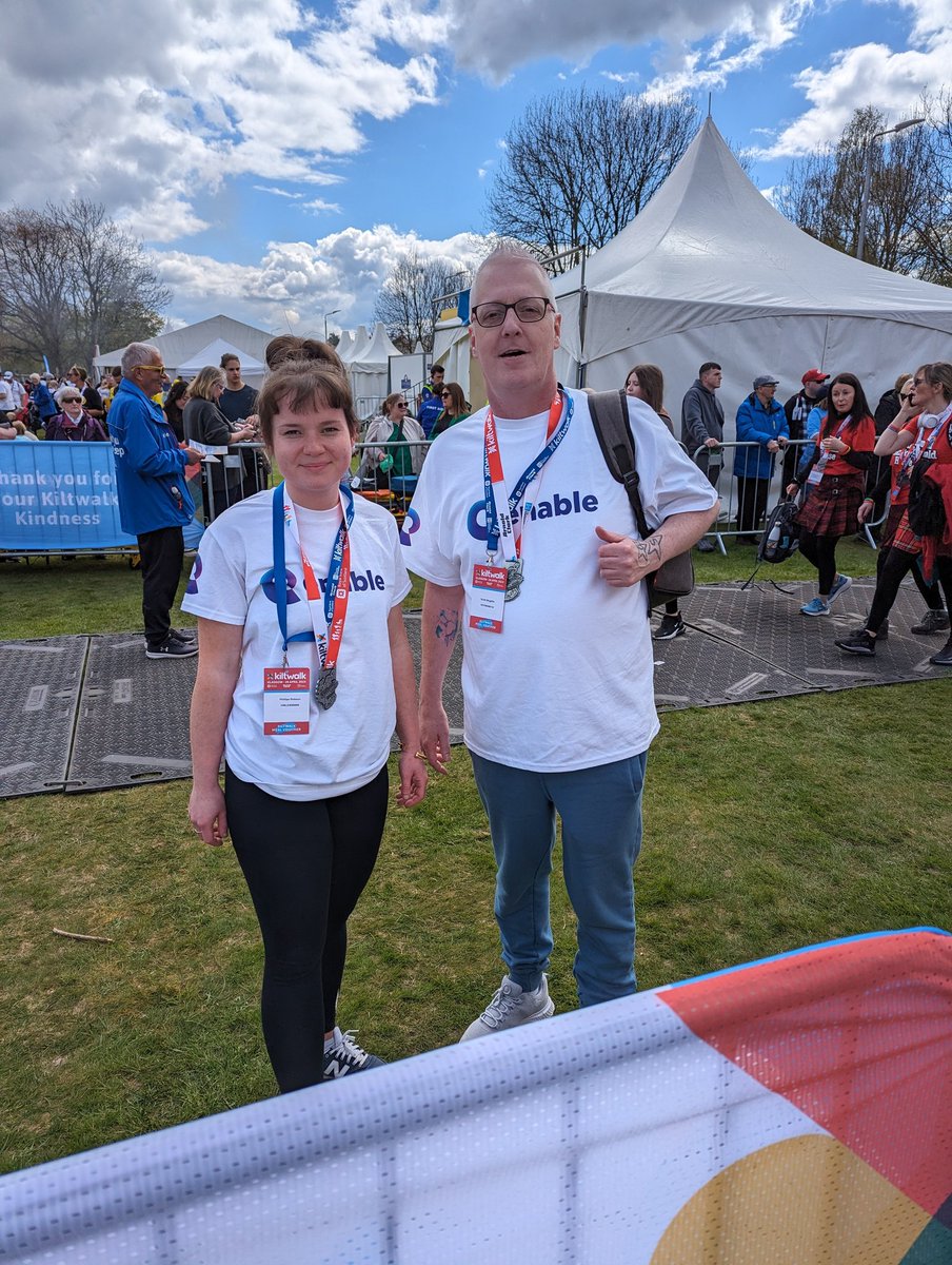 The first walkers from Tesco in Knightswood for @Enable_Tweets are finished. This is Scott's second year and Pippa's first! Now they're ready to cheer the rest of the team over the line.