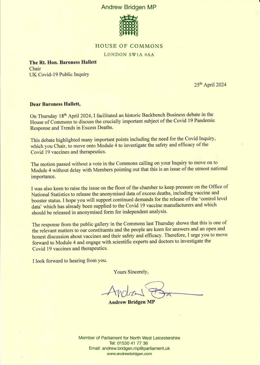 ABridgen's tweet image. I have written to Baroness Hallett, who chairs the @covidinquiryuk, pointing out that a vote in the House of Commons has now called on her to move without delay to Module 4 (investigating the safety and efficacy of MRNA injectables).