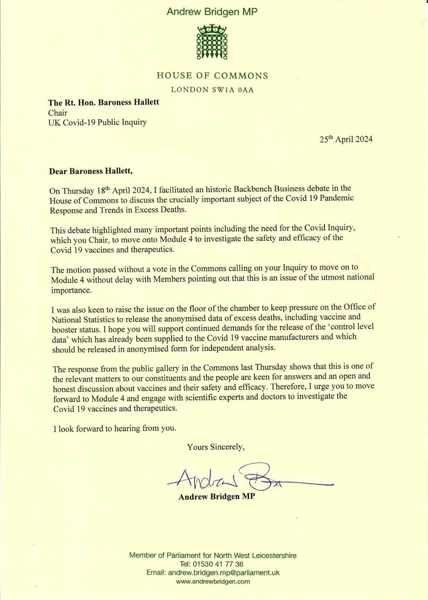 I have written to Baroness Hallett, who chairs the @covidinquiryuk, pointing out that a vote in the House of Commons has now called on her to move without delay to Module 4 (investigating the safety and efficacy of MRNA injectables).