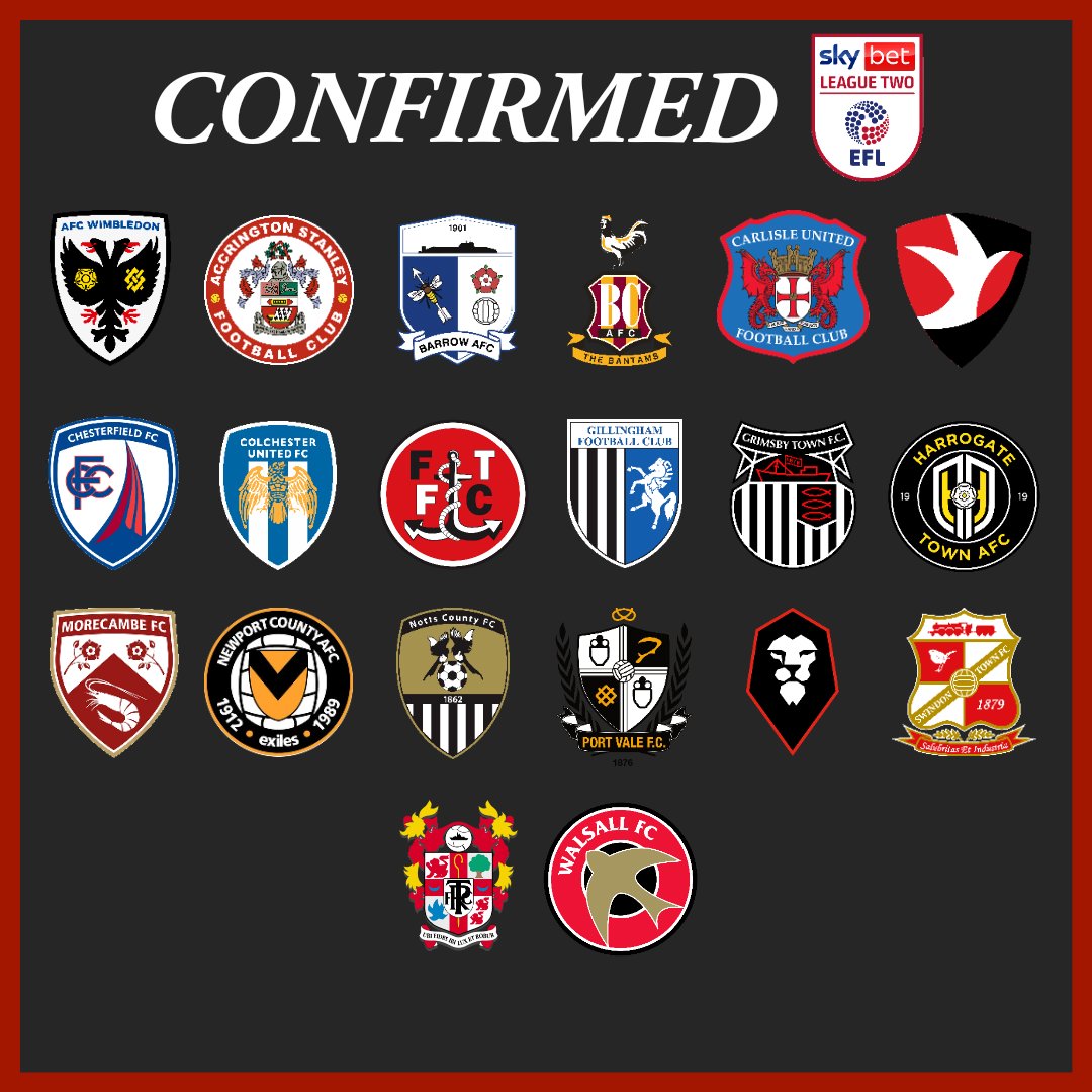 ALL CONFIRMED SKY BET LEAGUE 2 CLUBS FOR THE 24/25 SEASON📍

#ctfc get relegated on the final day 📉

#ftfc, #PVFC and #cufc join Cheltenham in relegation 📉

#Spirites storm the National League and come up 📈

#WeAreBarrow and #BCAFC miss out on playoffs on the final day❌️

👀