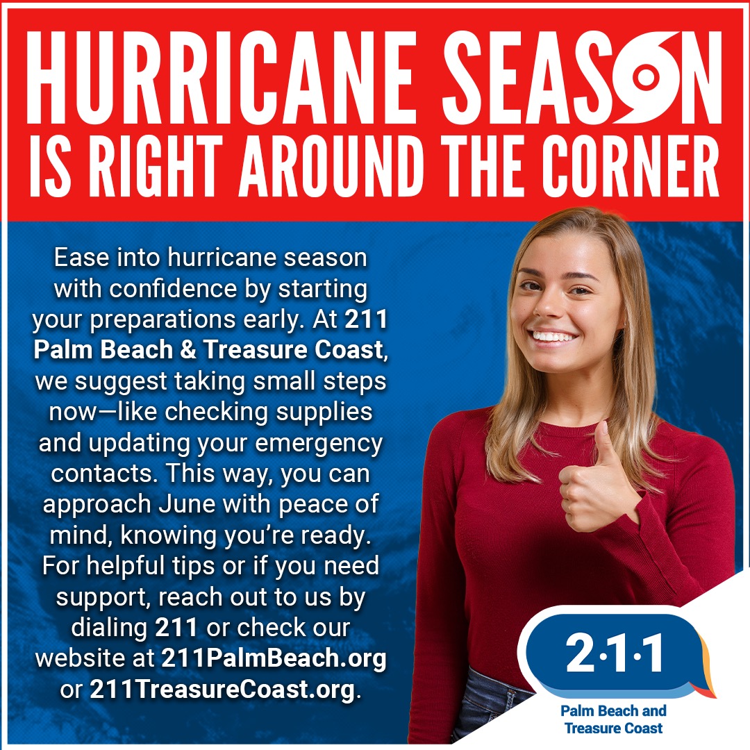 Get ahead of the storm! 🌀 Start your hurricane prep early with small steps like checking supplies and updating contacts. 

Visit 211PalmBeach.org/Natural-Disast… for support. 

#HurricanePrep #StaySafe