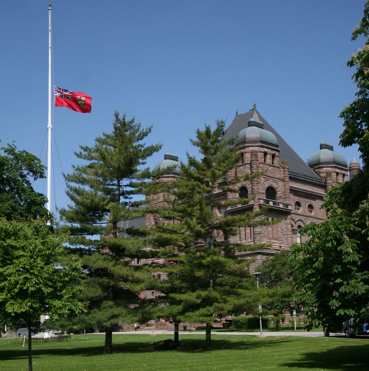 The flags are at half-mast from sunrise until sunset at the Legislative Assembly of Ontario in recognition of the National Day of Mourning for Persons Killed or Injured in the Workplace