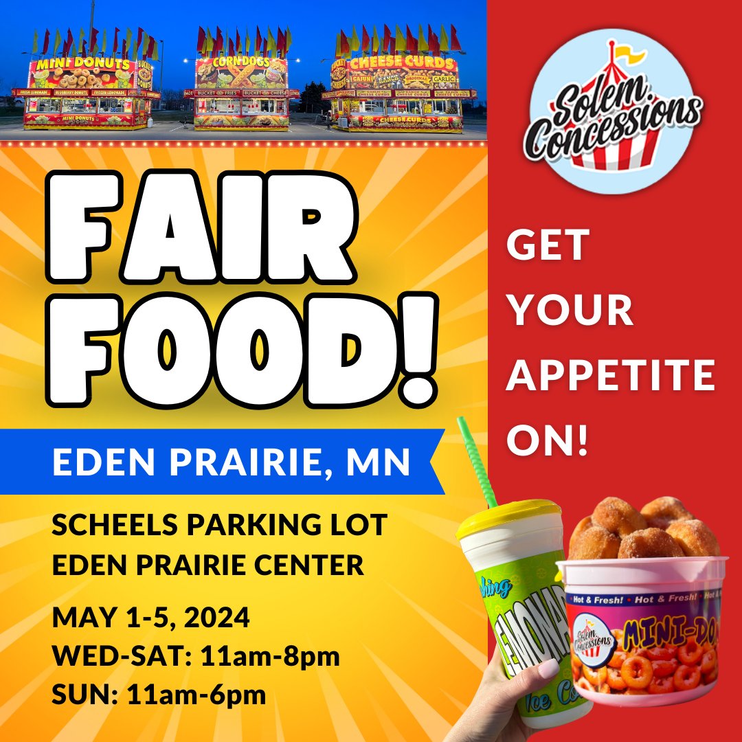 We're excited to see you, Eden Prairie, MN! 🎡 Join us in the Scheels parking lot May 1-5 and get ready for some Fair Food Faves! Hours: Wed-Sat, 11am-8pm & Sun, 11am-6pm. More info  ➡️ bit.ly/4cYtNTu 
#solemconcessions #fairfood #edenprairiemn #fleetfarm #cheesecurds