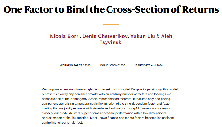 Proposing a new nonlinear single-factor asset pricing model, from @nicolaborri, Denis Chetverikov, Yukun Liu, and Aleh Tsyvinski nber.org/papers/w32365