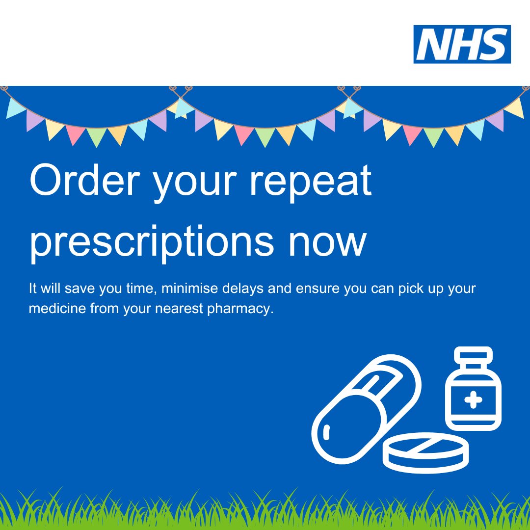 Don’t get caught short! If you take regular medication, make sure you have enough to last until after the May bank holiday (6 May). If you need extra, please plan ahead and order now.