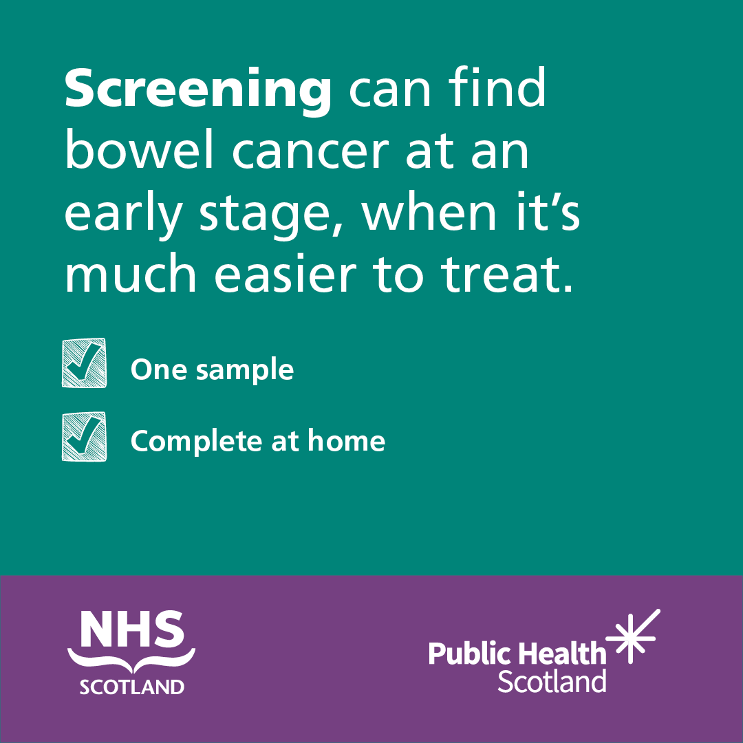 People living in Scotland aged 50 to 74 are sent a home bowel screening test every two years. The test can be done in the privacy of your home and returned using the pre-paid envelope provided. 

To find out more, visit nhsinform.scot/bowelscreening
#BowelScreeningScotland